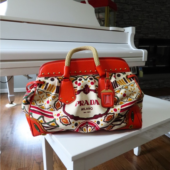 Prada Handbags - Prada Orange Trim Multicolor Printed Canvas Tote
